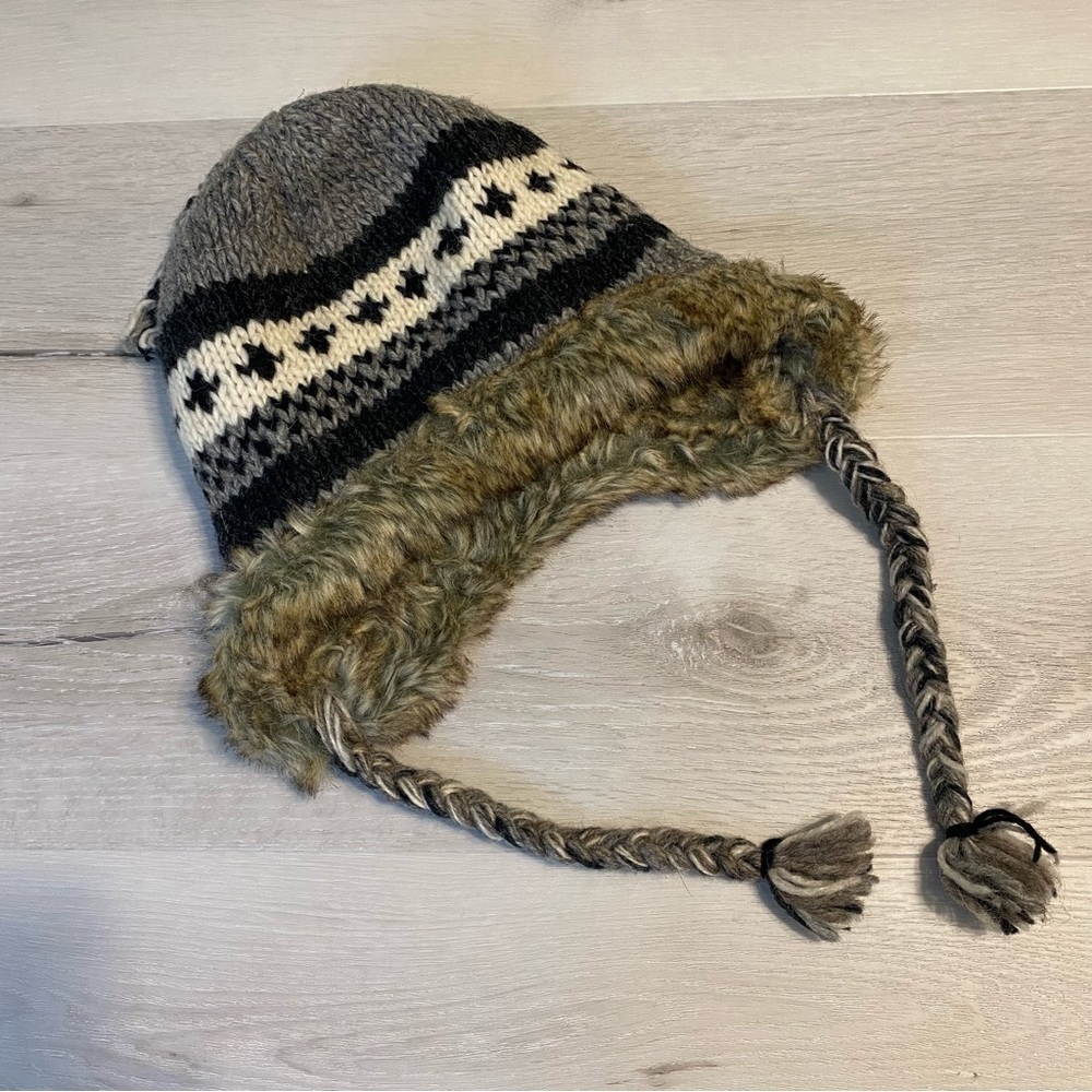 Himalaya Connection Faux FurLined Wool Hat, Gray, Black, Ivory